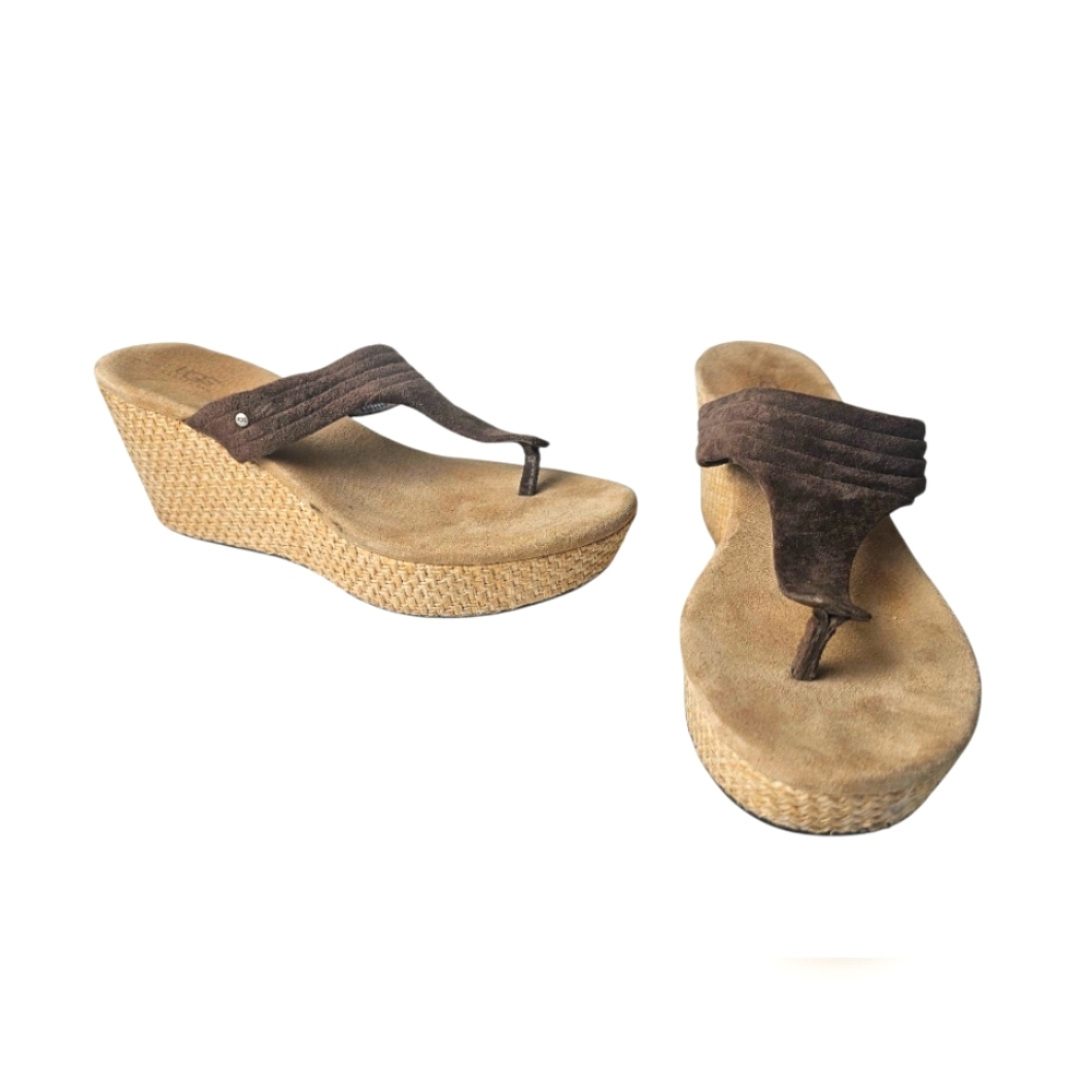 UGG Zamora Suede Leather Thong Wedge Platform Sandals Women's 8